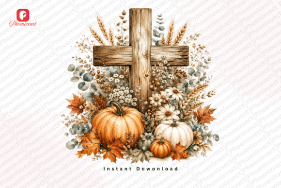 Autumn Christian Fall Harvest Cross PNG Illustrations