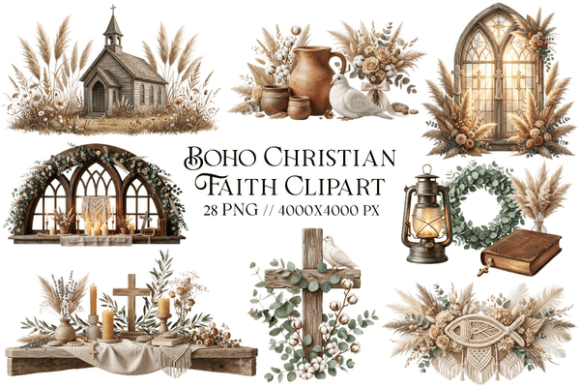 Boho Christian Faith Clipart: Editorial Illustrations