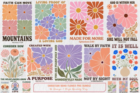 Christian Boho Flower Png Bundle Illustrations